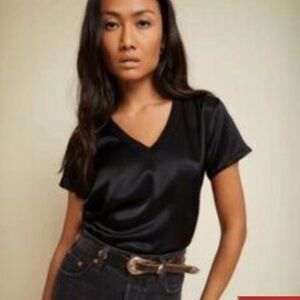 Nation Ltd Black Satin V Neck Holiday Party Top Sz Small